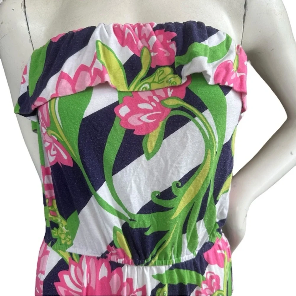 Lilly Pulitzer Strapless Flor Faux Wrap Dress Navy Pink Jumping the Line Large - Picture 3 of 11